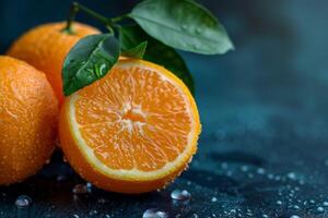 ai gerado vibrante fechar-se do fresco laranja fruta com suculento metades e água gotas foto