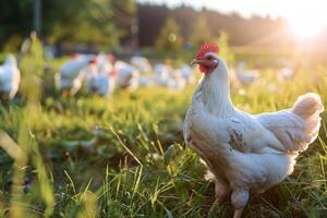 ai gerado uma galo carrinhos dentro a Relva às uma Fazenda durante pôr do sol cercado de aves de capoeira e gado foto