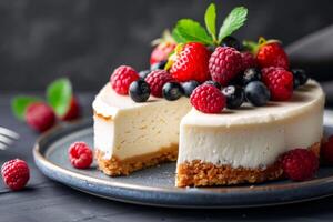 ai gerado bolo de queijo com bagas em uma prato oferta uma doce e delicioso sobremesa experiência foto