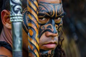 ai gerado maori Guerreiro a partir de Novo zelândia com tribal face tatuagem exposições feroz olhar e cultural orgulho foto