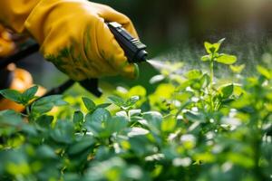 ai gerado pessoa usando à base de plantas inseticida spray para ecológico jardinagem e controle de pragas dentro agricultura foto