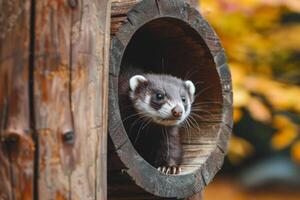 ai gerado curioso furão espreitar Fora do uma de madeira túnel cercado de animais selvagens e natureza foto