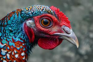 ai gerado fechar-se retrato do uma colorida guineafowl com detalhado penas e vívido olho foto