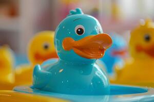 ai gerado azul borracha Pato brinquedo flutuando dentro banho água com brincalhão infância e hora do banho temas foto