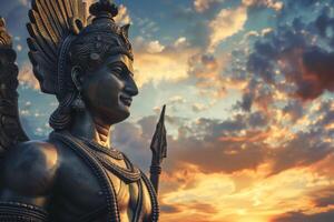 ai gerado ashoka estátua perfil contra uma histórico pôr do sol céu com dramático nuvens foto