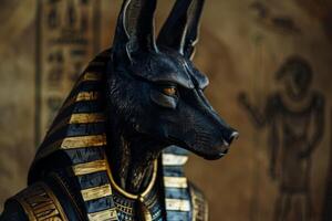 ai gerado anubis estátua dentro antigo Egito incorpora mitologia, chacal divindade, e hieroglífico arte foto