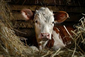ai gerado uma vaca no meio feno dentro uma celeiro retrata gado agricultura e bovino beleza foto