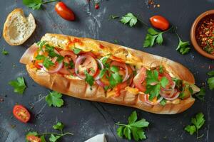 ai gerado baguete sanduíche com tomate, alface, cebola, queijo, e salsinha em uma rústico de madeira mesa foto