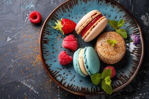 ai gerado colorida macarons em uma prato com framboesas e morangos oferta uma doce e gourmet sobremesa experiência foto