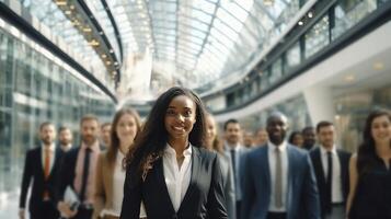 ai gerado confiante jovem Preto o negócio senhora conduzindo diverso o negócio equipe dentro moderno escritório construção foto