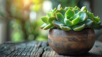 ai gerado uma pequeno suculento plantar senta em a mesa. completo com em vaso plantas e pequeno folhas. foto