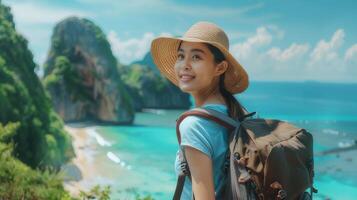 ai gerado jovem mulher com mochila viajando sozinho em topo do uma tropical ilha montanha em uma ensolarado verão dia. foto