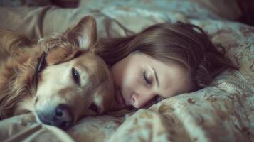 ai gerado deitado dentro cama com uma cachorro foto