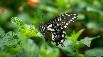 ai gerado uma borboleta descansos em uma exuberante verde árvore dentro a jardim, adicionando beleza para a natural arredores. foto