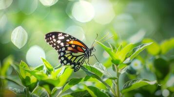 ai gerado uma borboleta descansos em uma exuberante verde árvore dentro a jardim, adicionando beleza para a natural arredores. foto