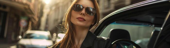 ai gerado elegante profissional empresária dentro oculos de sol posando de uma luxo carro, uma representação do sucesso e estilo. perfeito para artigos em corporativo estilo de vida, fortalecimento, e moda. foto