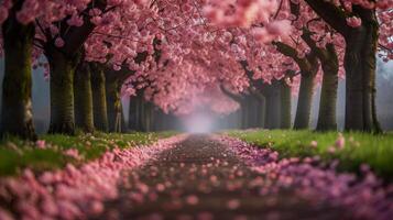 ai gerado florescendo Rosa flores ao longo arborizada estrada foto