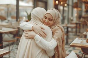 ai gerado dois mulheres vestindo hijabs estão abraçando dentro uma restaurante foto