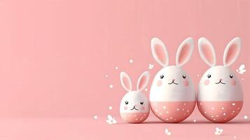 ai gerado brincalhão ilustração características três adorável em forma de coelho ovos dentro uma suave Rosa cor foto