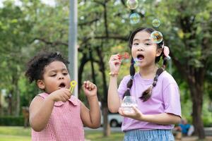 meninas dentro a parque com sopro ar bolha, cercado de vegetação e natureza foto