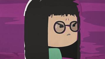 animação do chorando garota, desenho animado personagem com Sombrio cabelo e copos, que é obtendo nervoso. fechar-se. foto