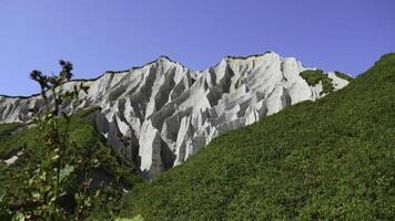 surpreendente branco montanhas com verde grama. grampo. lindo padrões em rochoso branco montanha com brilhante vegetação em ensolarado verão dia. branco pedras do vulcânico origem em ilha em verão dia foto