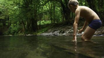 uma jovem Garoto tomando banho dentro uma montanha rio piscina. criativo. criança tendo Diversão dentro uma verão natural lago. foto