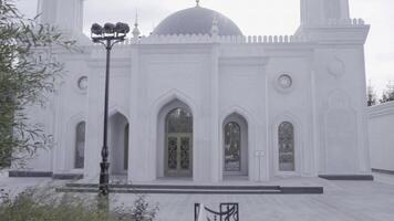 uma branco e cinzento histórico mesquita atrás árvores dentro a cidade. cena. religioso construção com minaretes em nublado céu fundo. foto