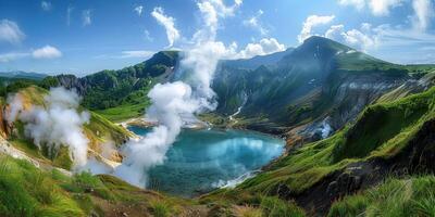 ai gerado topo Visão do vulcânico caldeira com gêiseres e térmico lago foto