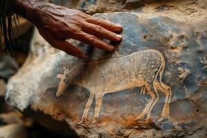 ai gerado caverna pintura, a mão do a indígena pessoa toques a antigo pedra com animais retratado em isto foto