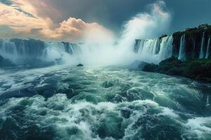 ai gerado panorama com Visão do cascata e poderoso corrente foto