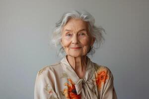 ai gerado retrato do feliz sorridente Senior mulher em uma sólido cinzento fundo foto