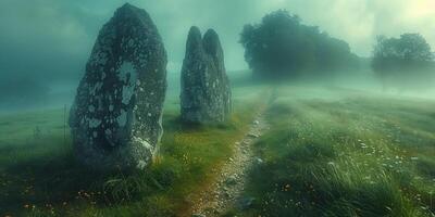 ai gerado antigo megalítico pedras em uma nebuloso manhã dentro uma Prado foto