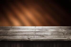 Sombrio de madeira mesa, perspectiva fundo para produtos presente foto