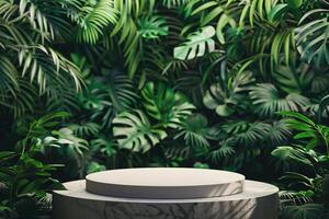 ai gerado circular produtos pódio apresentação com selva tropical plantas fundo foto