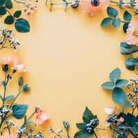 ai gerado flores botânico quadro, Armação em amarelo pastel fundo foto