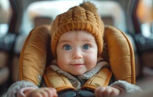 ai gerado fofa pequeno lindo bebê menina sentado dentro a carro assento e olhando às a Câmera foto