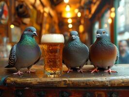 ai gerado pombos e cerveja do cerveja. três pombos sentar em uma mesa Próximo para uma vidro do Cerveja foto