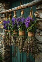 ai gerado lavanda cachos e flores suspensão em de madeira viga foto