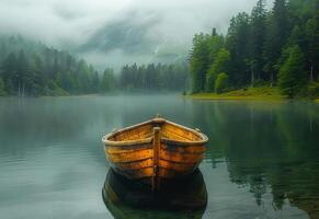 ai gerado de madeira barco em a lago dentro a montanhas foto