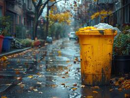 ai gerado amarelo Lixo pode e lixo bolsas em a rua dentro chuvoso dia foto