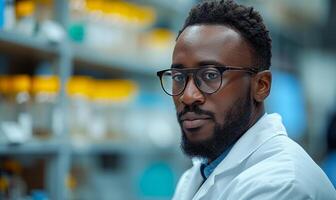 ai gerado retrato do bonito jovem masculino cientista dentro laboratório casaco e Óculos foto