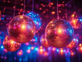 ai gerado bolas de espelhos e discoteca luzes dentro noite clube. discoteca bolas aguentar a partir de a teto do uma festa foto