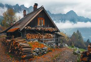 ai gerado velho de madeira cabana dentro a montanhas. uma lindo foto do a velho madeira casa com empilhado lenha