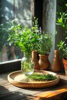 ai gerado fresco ervas e flores dentro vidro vaso em de madeira mesa e janela dentro a fundo foto