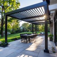 ai gerado pérgola fornece sombra e Lugar, colocar para relaxar em a pátio foto