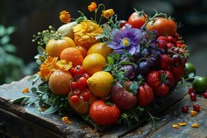 ai gerado fresco frutas e legumes em de madeira mesa. uma ampla coração fez do frutas e legumes foto