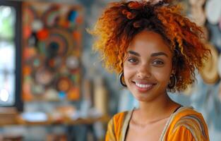 ai gerado retrato do jovem mulher com afro Penteado sorridente dentro loja foto