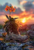 ai gerado lindo amarelo orquídea cresce dentro sapato em pedra contra a fundo do pôr do sol foto