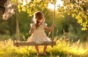 ai gerado fofa pequeno criança menina tendo Diversão em balanço dentro florescendo velho maçã árvore jardim dentro verão foto